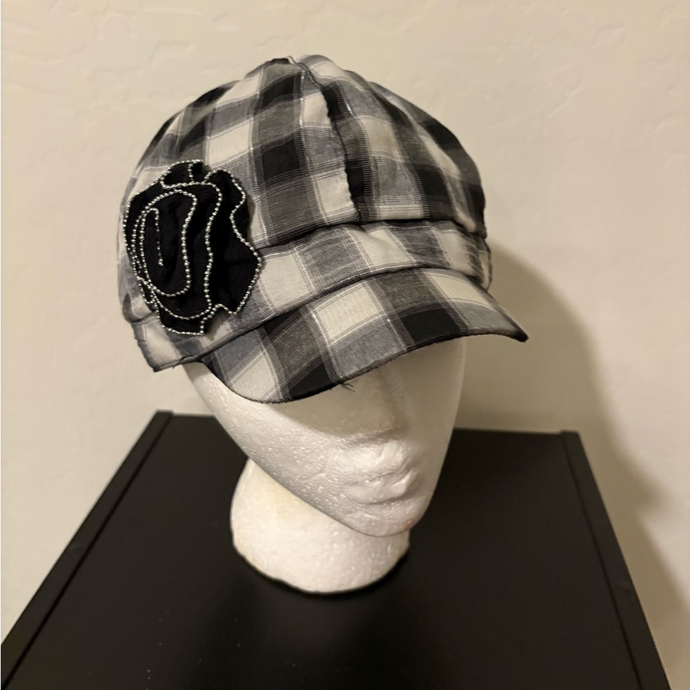 Plaid Cap with Black Rose Accent